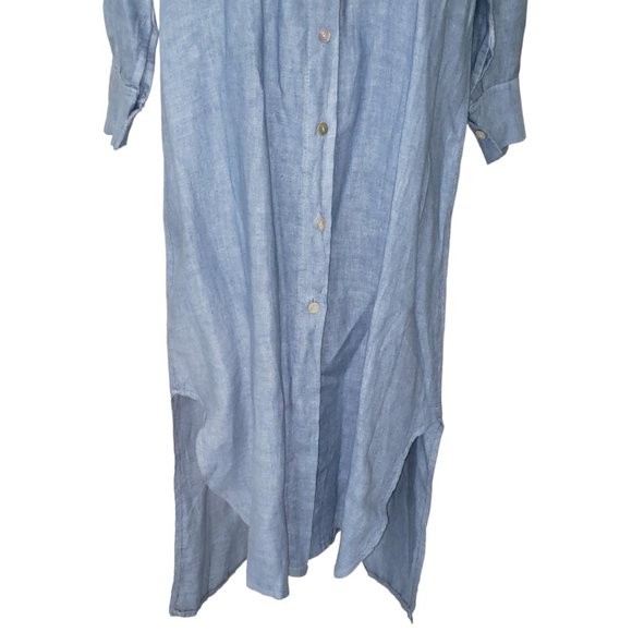 CT517 Linen 100% Italian Blue Maxi Long Sleeve Button Down Dress S/M - Picture 5 of 7